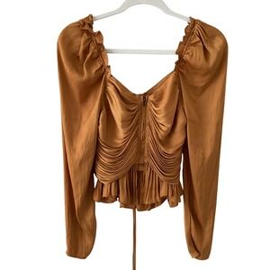 House of Harlow 1960 Ruched Peplum Blouse Brown Puff Sleeve Square Neck Small